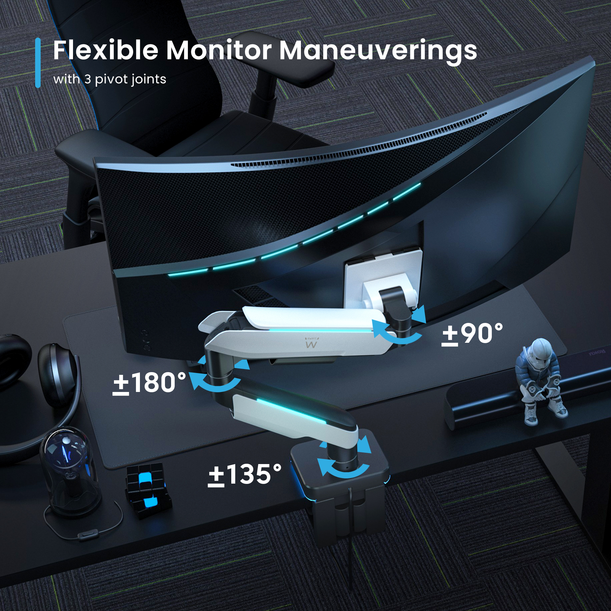 Braccio monitor con tre snodi su una scrivania con monitor e accessori.