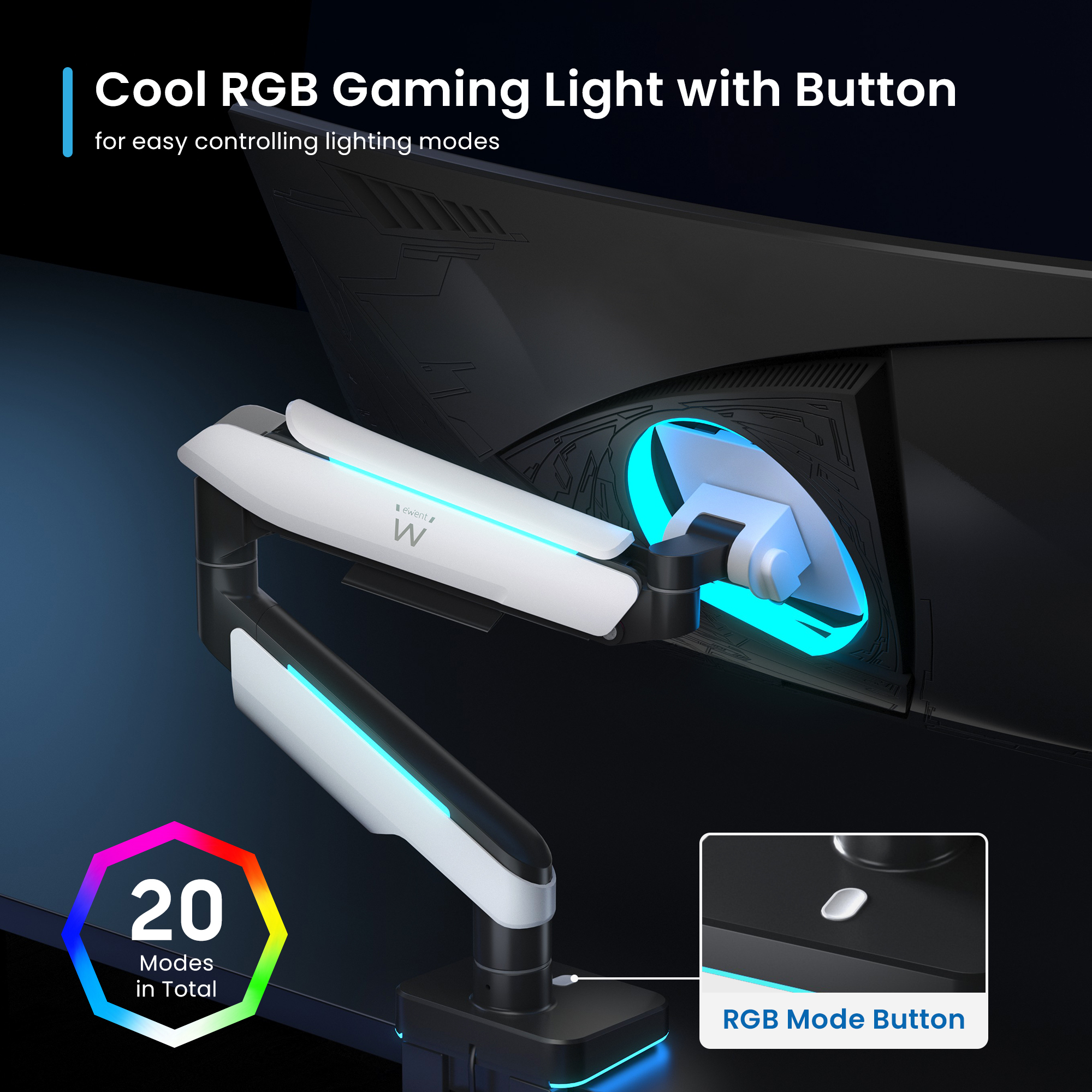 Un braccio monitor bianco con luci RGB blu, che mostra 20 modalità e un pulsante.