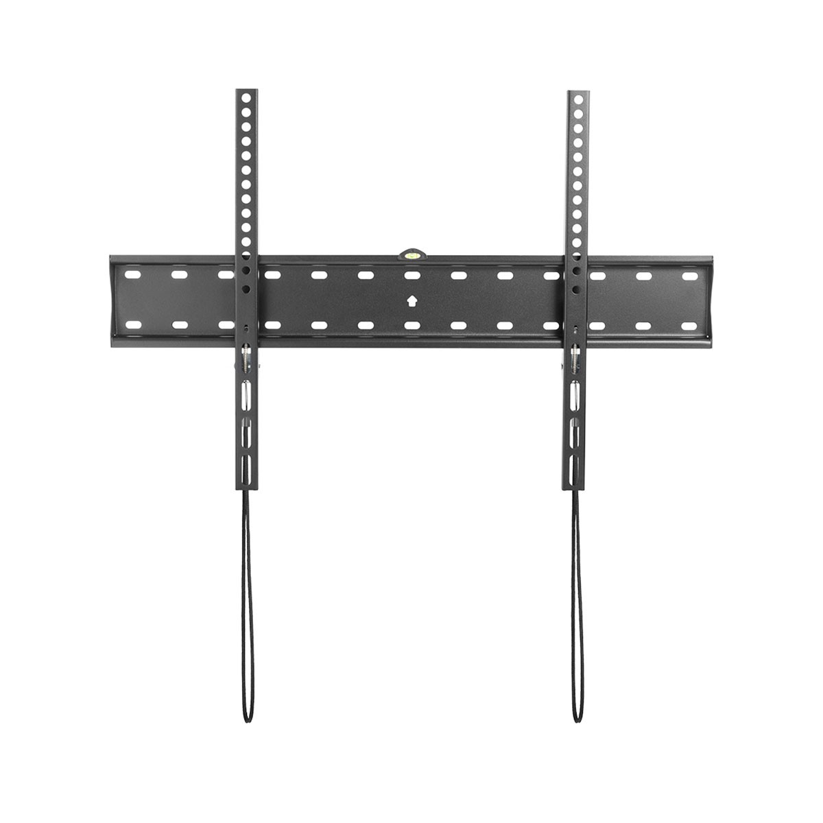 Un soporte de pared para TV de metal negro con brazos ajustables y correas colgantes.