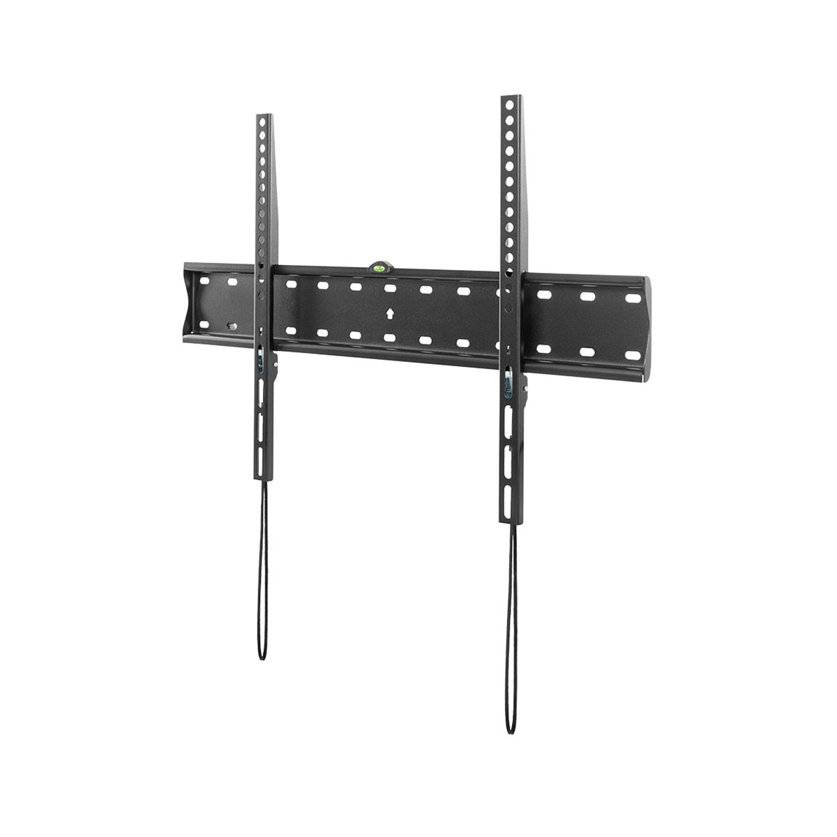 Un soporte de pared para TV negro con dos rieles verticales y una base horizontal.
