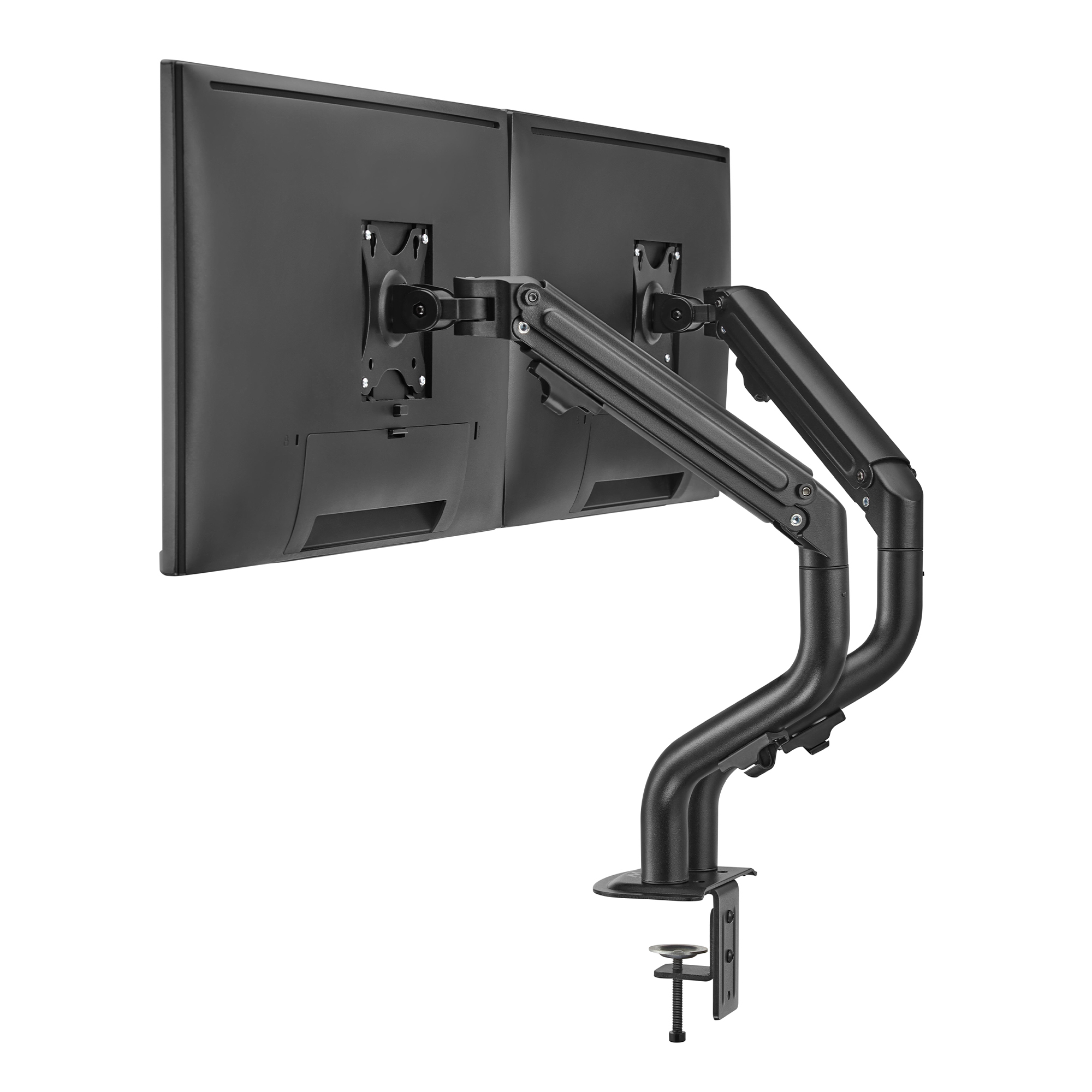 Due monitor neri su un supporto doppio nero con morsetto da scrivania.