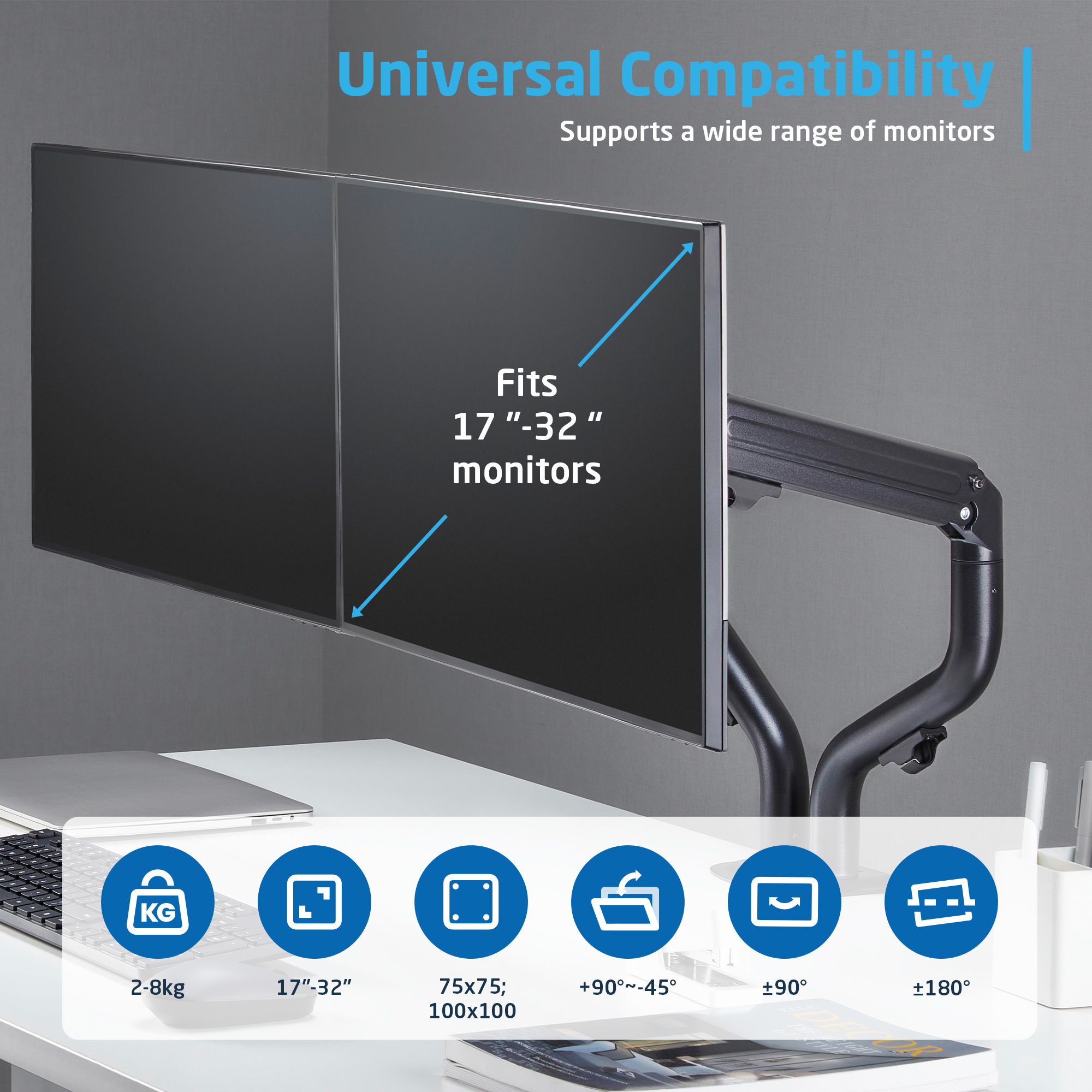 Braccio doppio nero per monitor 17-32", supporta 2-8 kg, modelli VESA.
