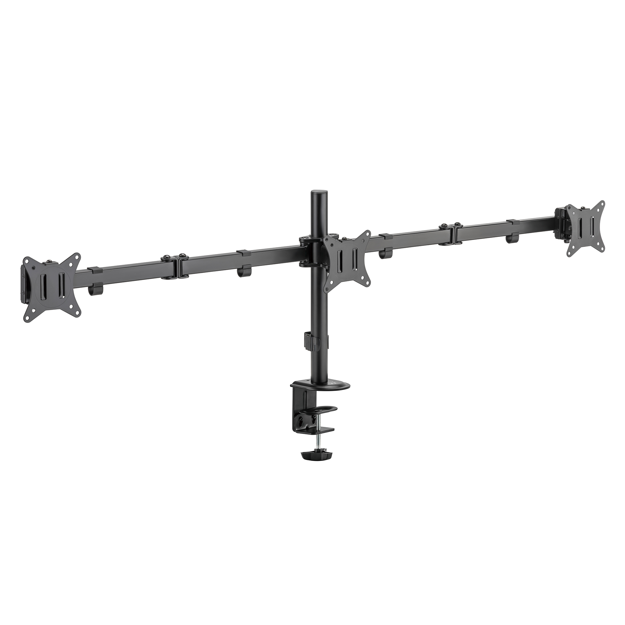 Supporto da scrivania nero per doppio monitor con bracci regolabili e base a morsetto.