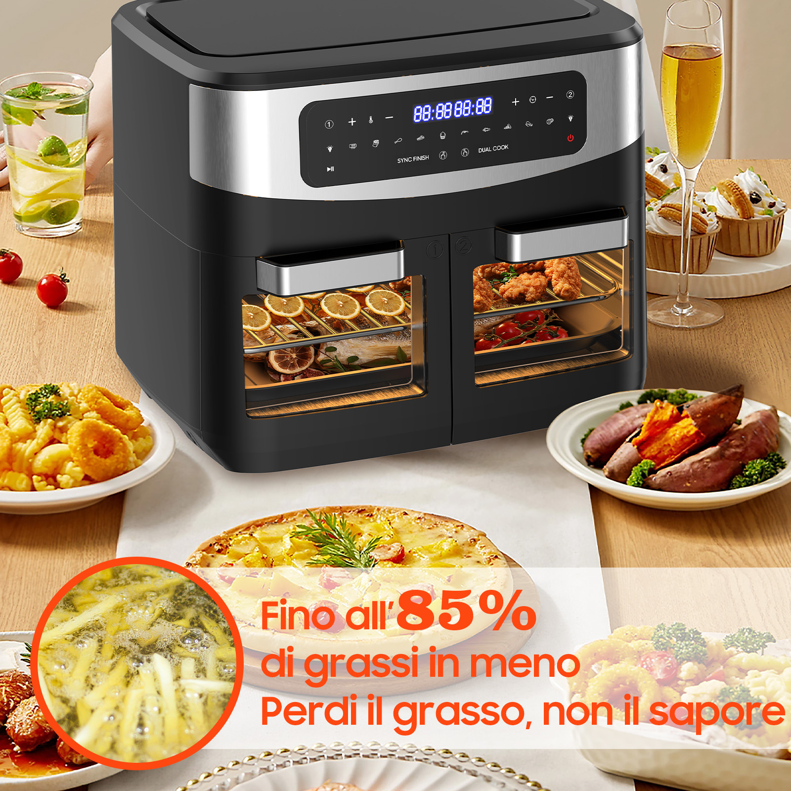 Doppia friggitrice ad aria nera con cibo, bevande e display digitale. Testo italiano pubblicizza l'85% in meno di grassi.