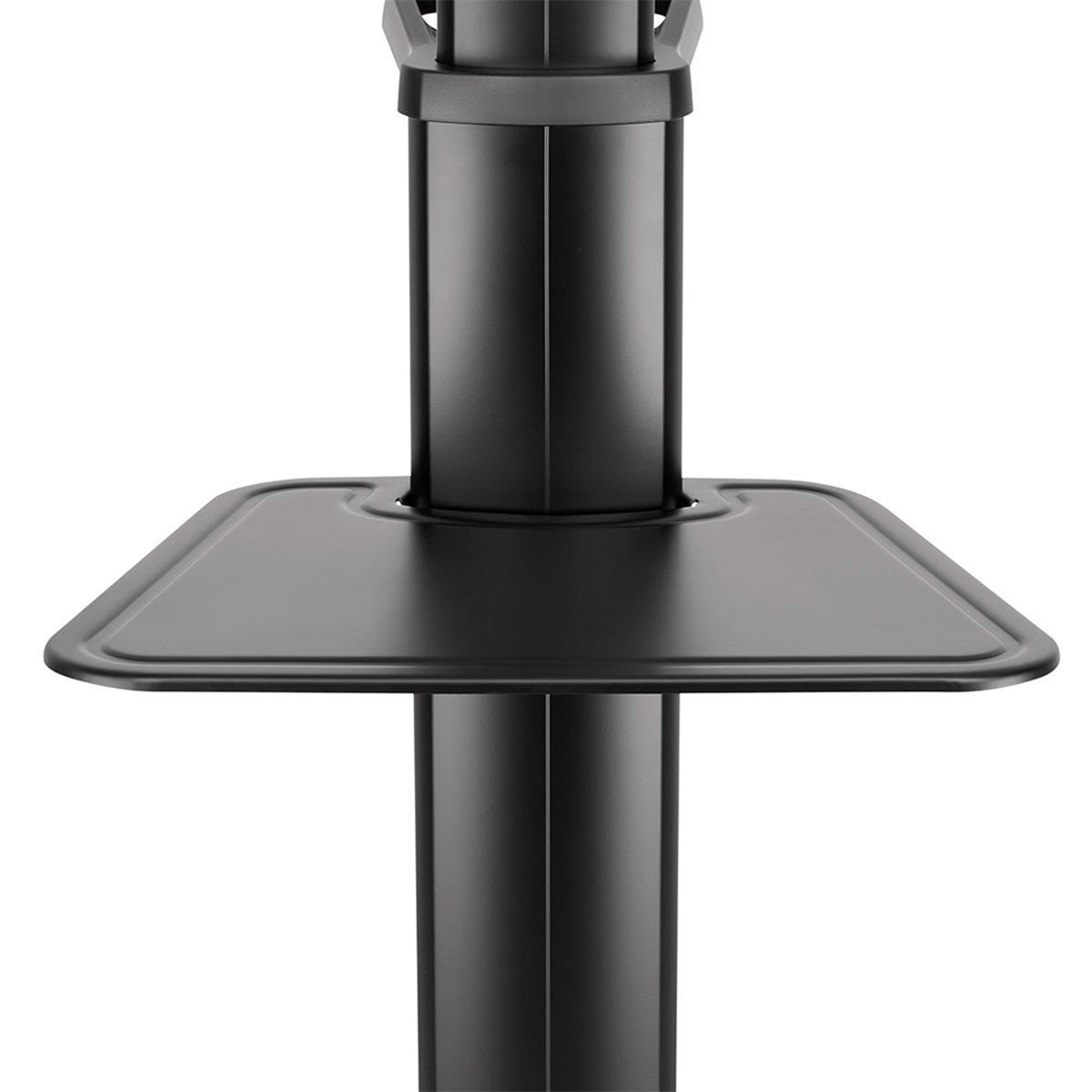 Scaffale in metallo nero su un supporto, su sfondo bianco.