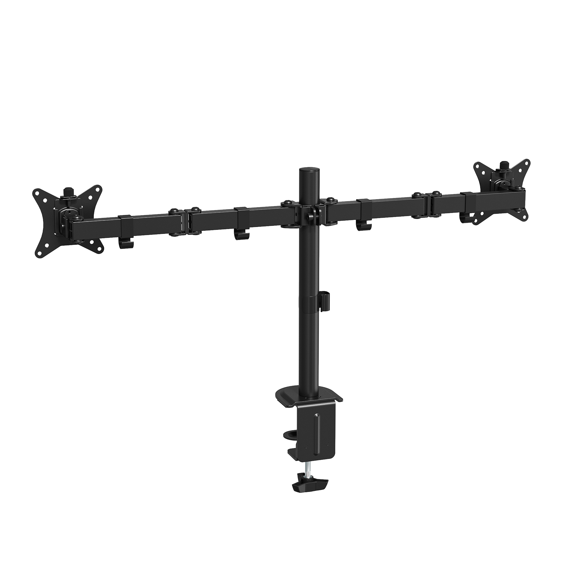 Un supporto da scrivania nero per doppio monitor con bracci regolabili su sfondo bianco.