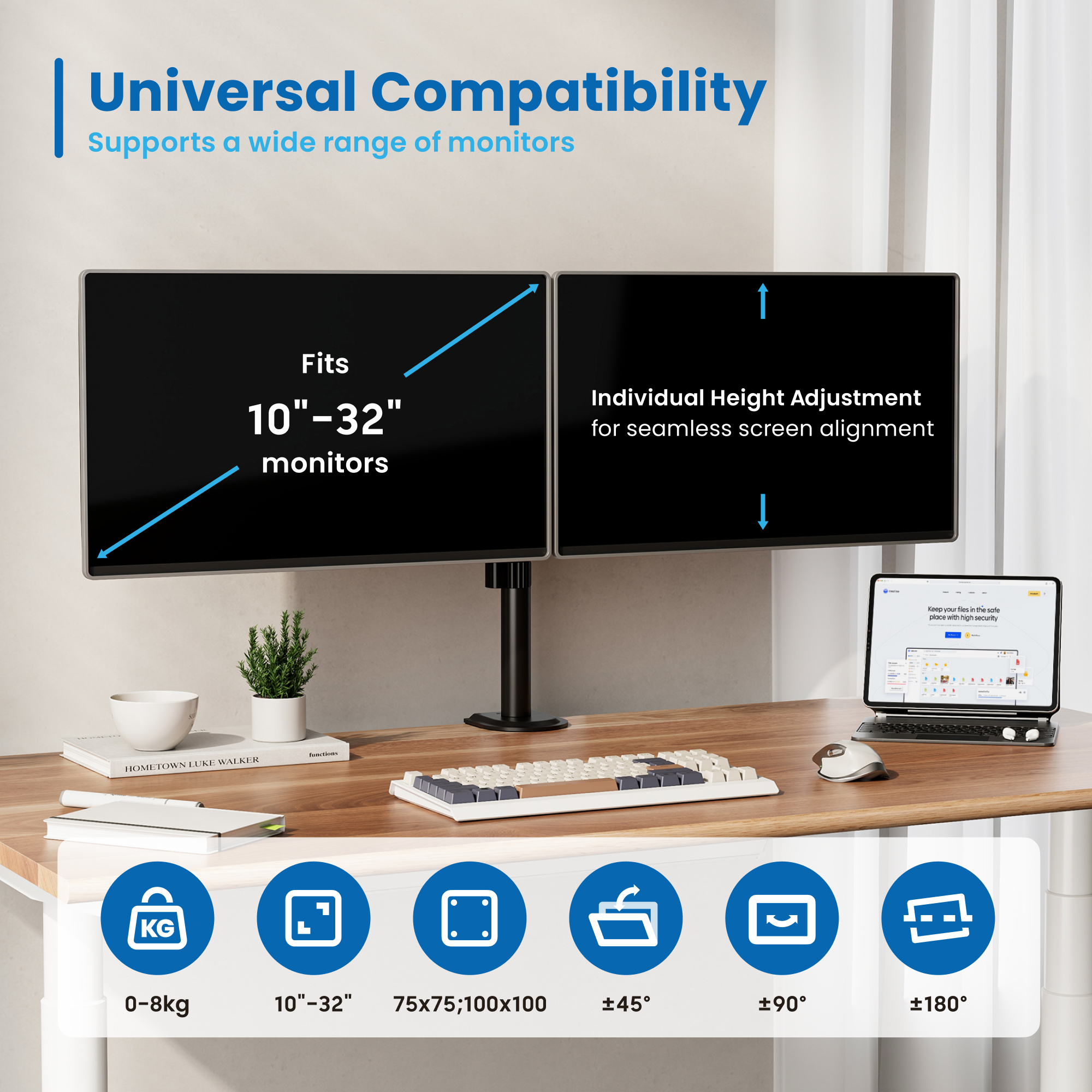 Una scrivania con due monitor, tastiera, mouse e laptop. Le icone mostrano le specifiche.