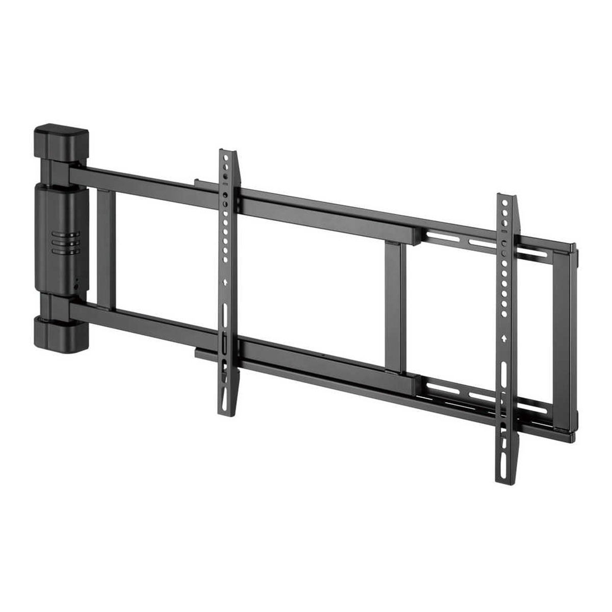 Supporto da parete TV nero estensibile con bracci regolabili e piastre VESA.