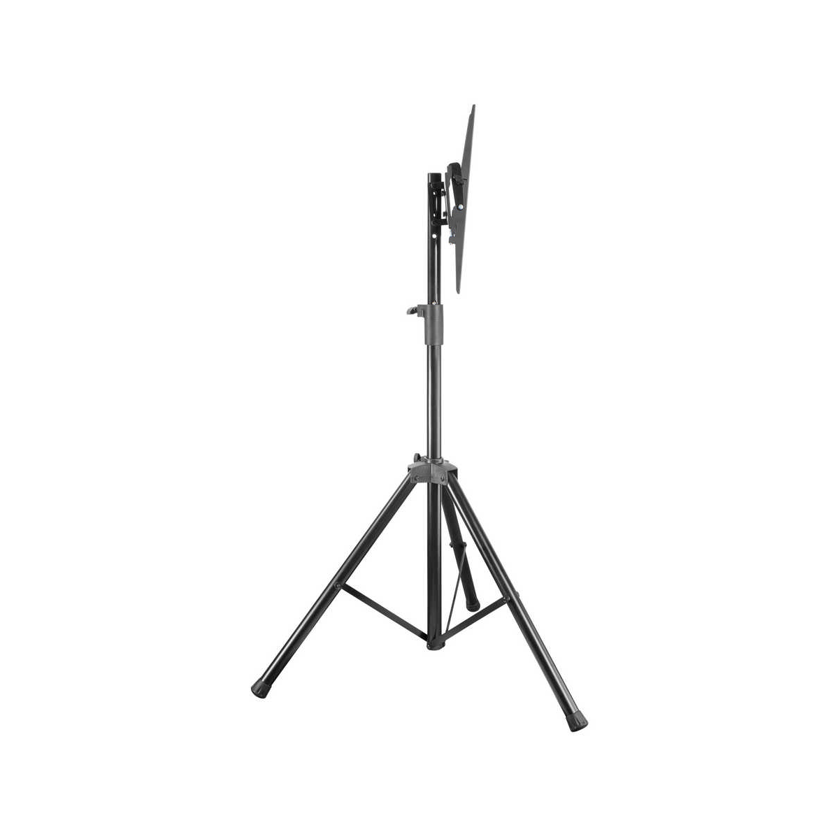 Supporto TV nero a treppiede con palo verticale che sorregge uno schermo.
