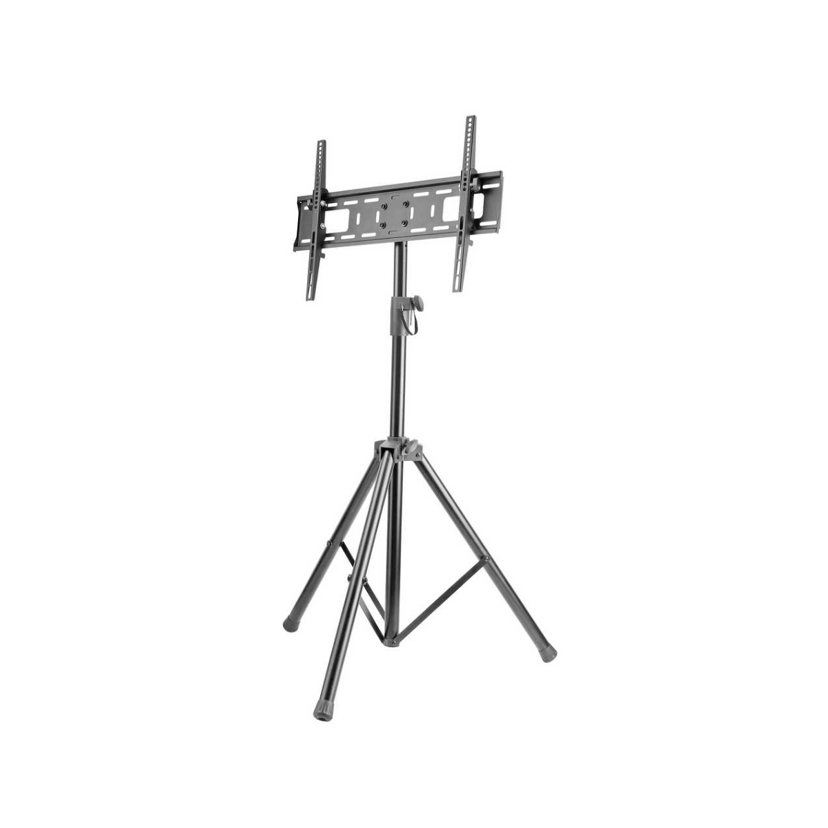 Supporto TV nero con base a treppiede e supporto regolabile.