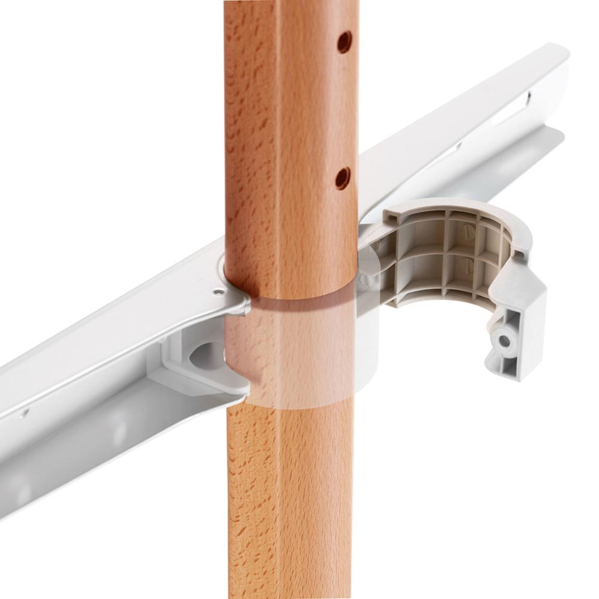 Trave in legno con staffe metalliche bianche e un supporto grigio a scatto.
