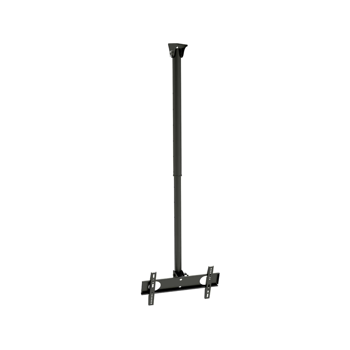 Supporto da soffitto nero per TV, con asta e staffa regolabili.