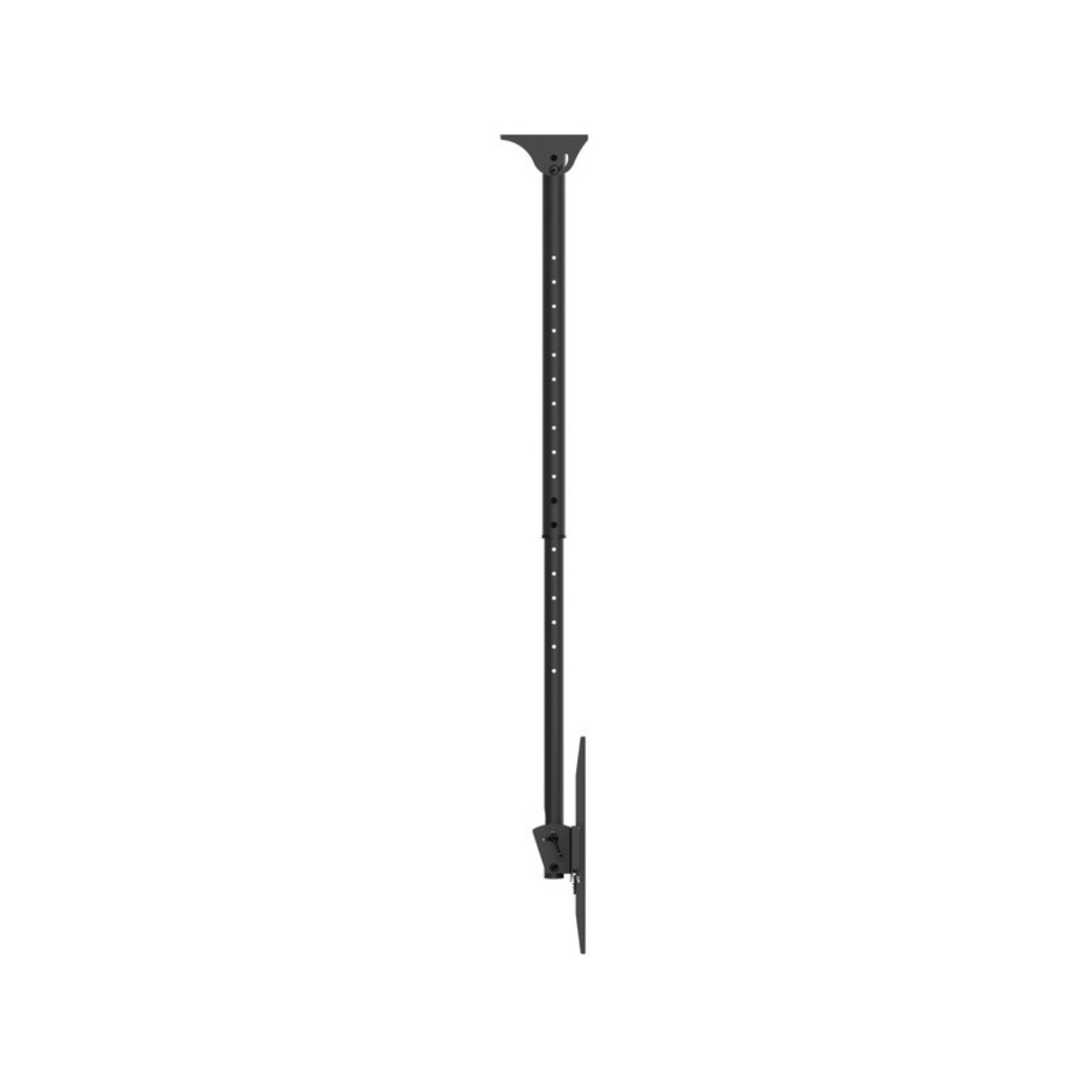 Supporto da soffitto nero con palo regolabile e staffa TV.