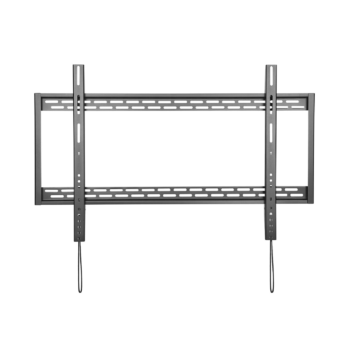 Un supporto da parete TV grigio con fessure e cavi.