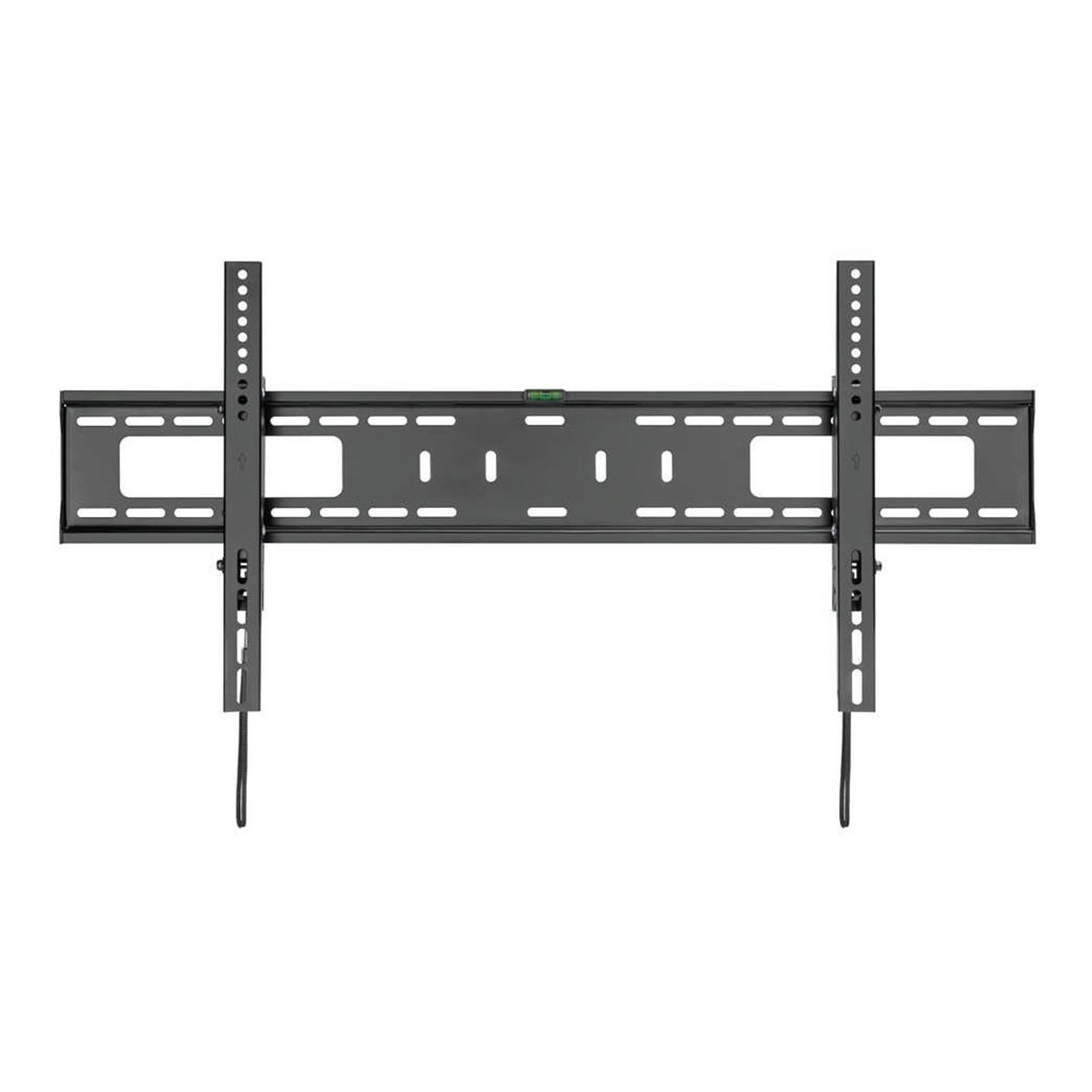 Soporte de pared negro ajustable para TV con burbuja de nivel para instalación precisa.