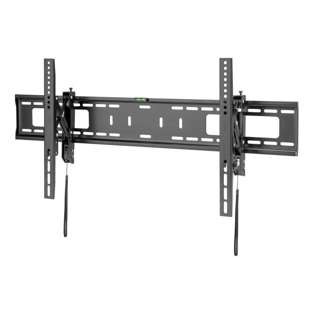 Soporte de pared negro para TV con brazos ajustables y nivel de burbuja.