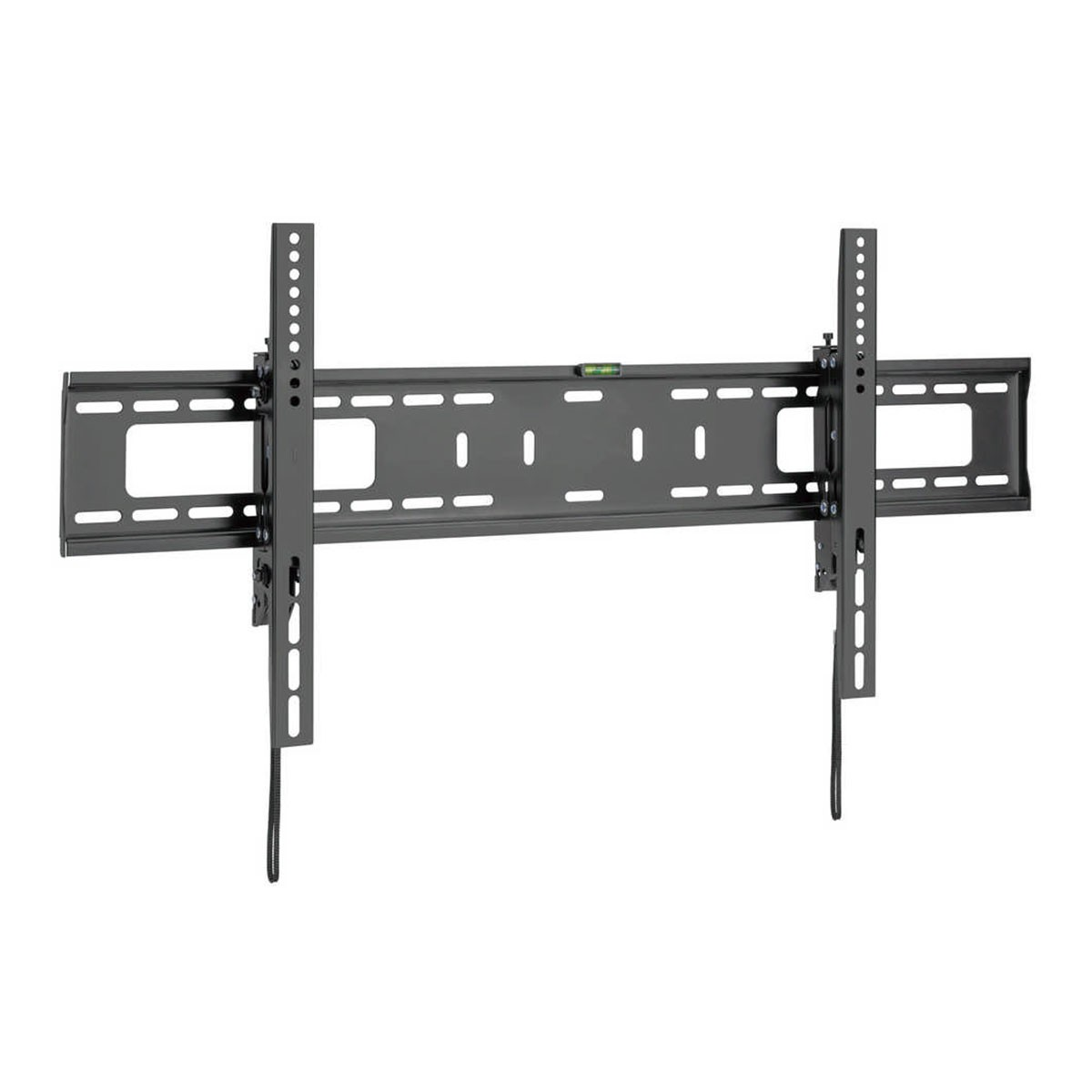Soporte de pared negro para TV con nivel de burbuja y brazos ajustables.