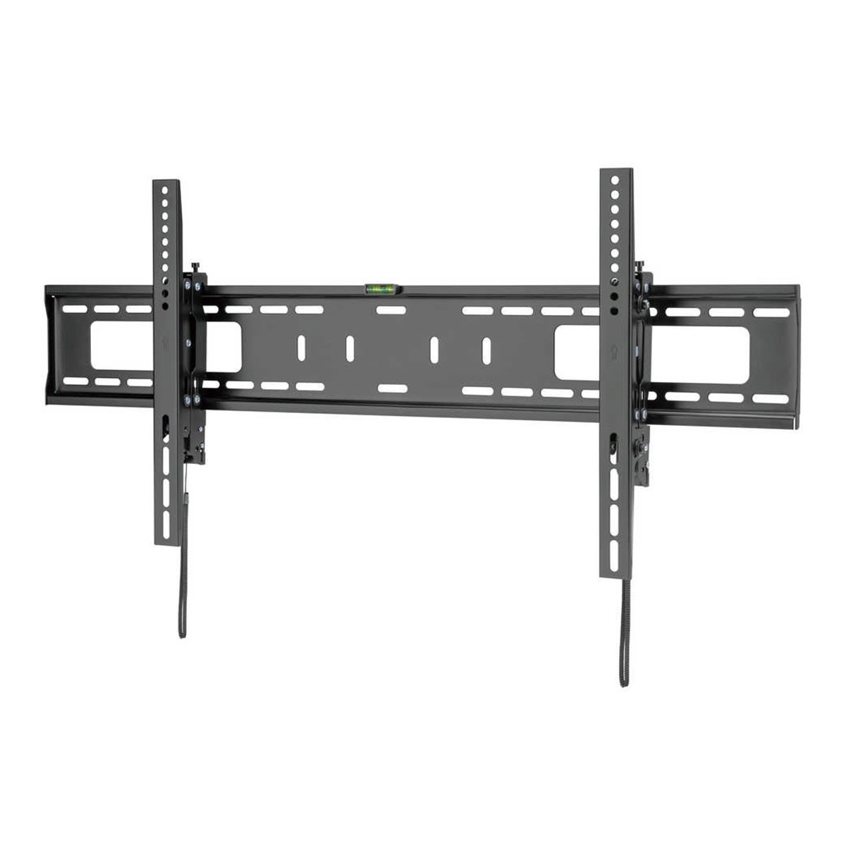 Soporte de pared para TV negro con brazos ajustables y nivel.