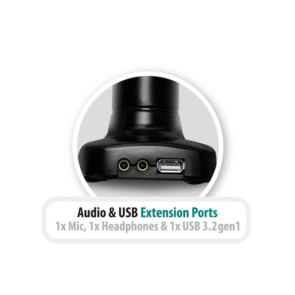 Base negra con dos puertos de audio y un puerto USB.