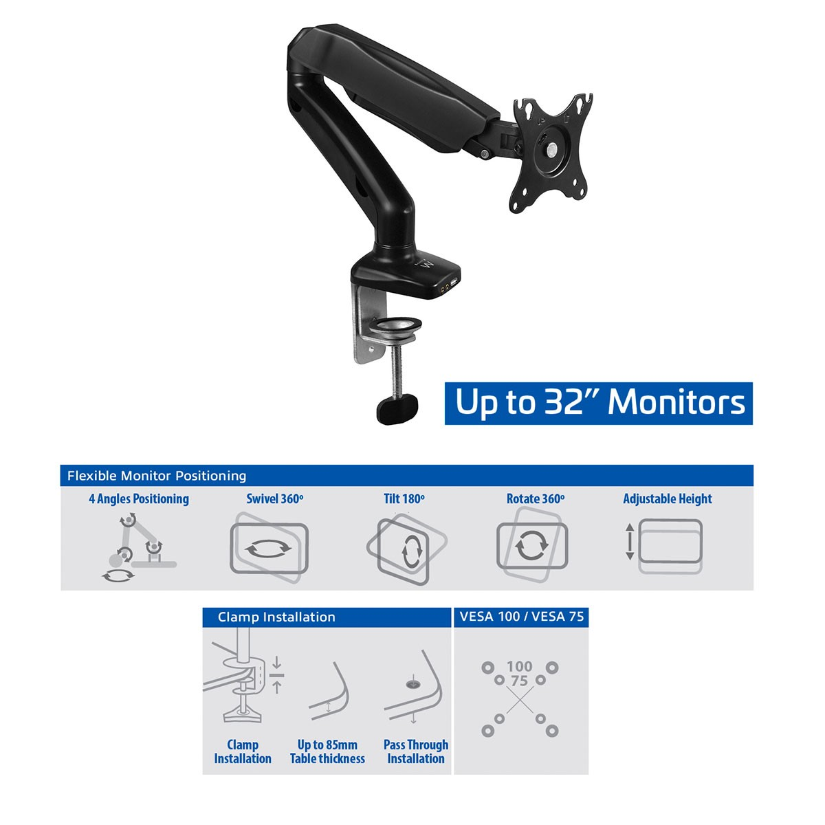 Brazo de monitor negro con pinza, hasta 32 pulgadas, flexible.