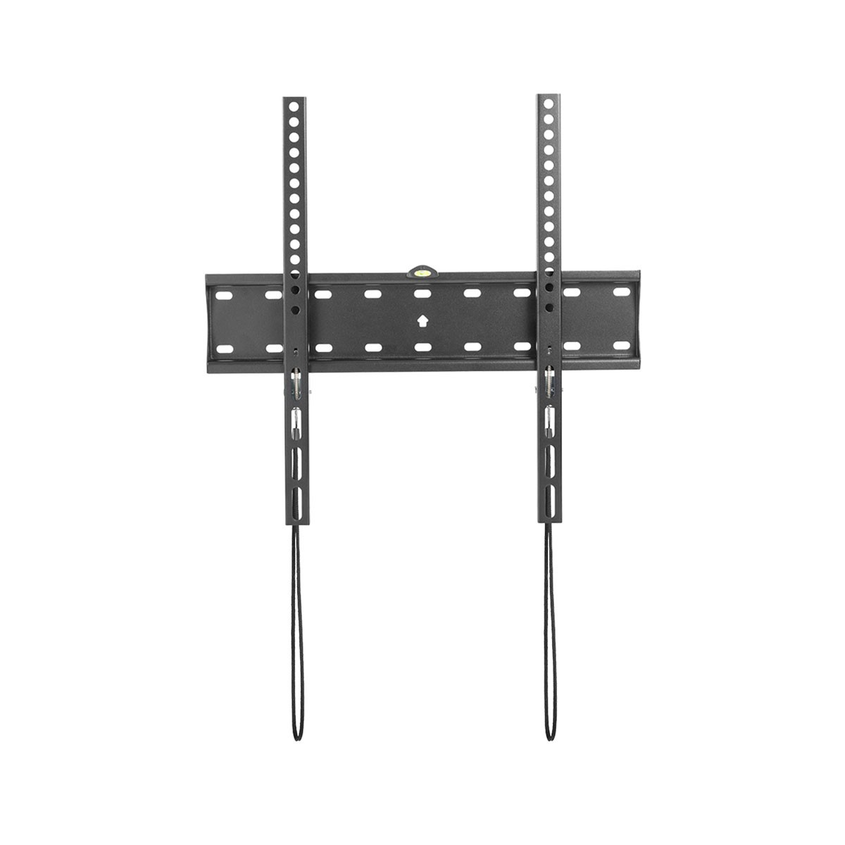 Soporte de pared para TV negro con nivel de burbuja y cables.