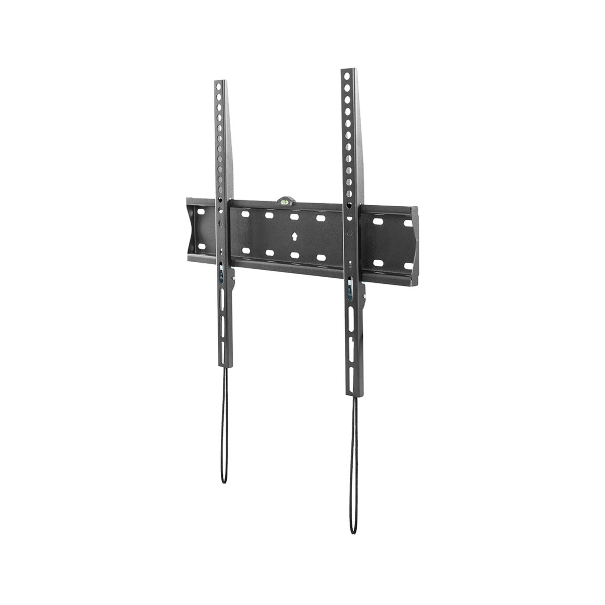 Soporte de pared negro con dos brazos verticales y nivel de burbuja.