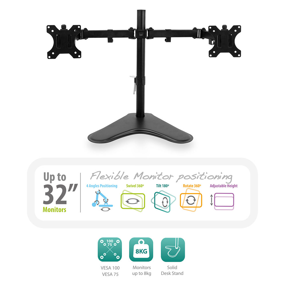 Un supporto nero per doppio monitor con bracci regolabili su base stabile.