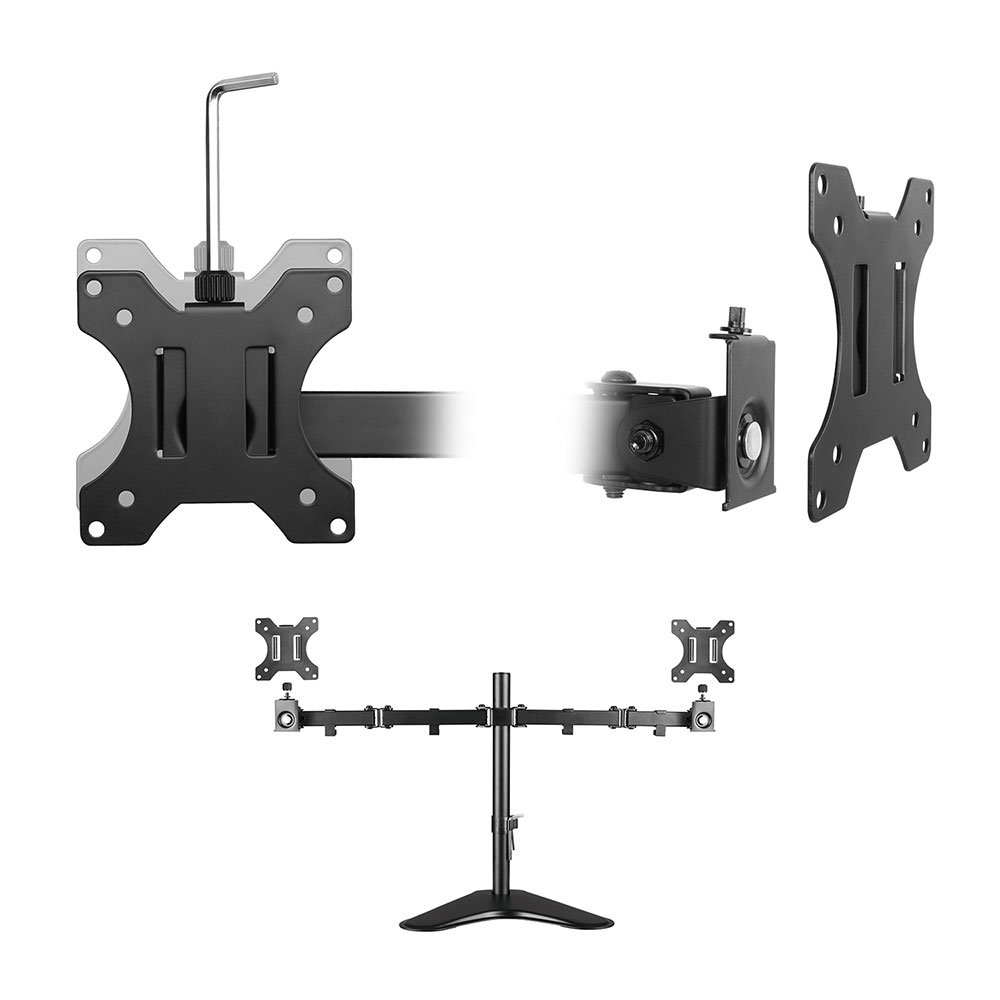 Visualizza un supporto per monitor nero a doppio braccio e accessori.