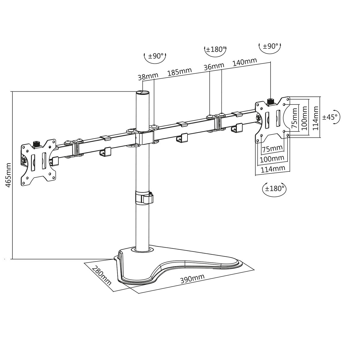 Disegno tecnico di un braccio monitor con dimensioni.