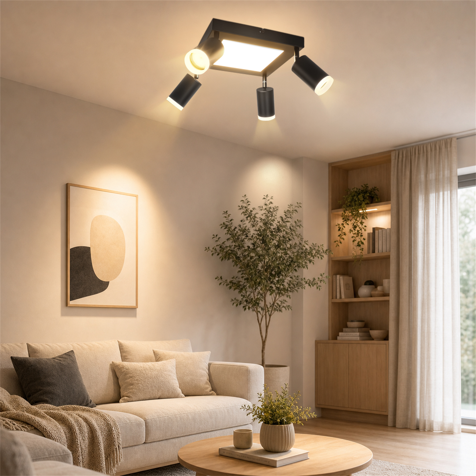 Un soggiorno luminoso con divano, tavolino, libreria e faretti a soffitto.