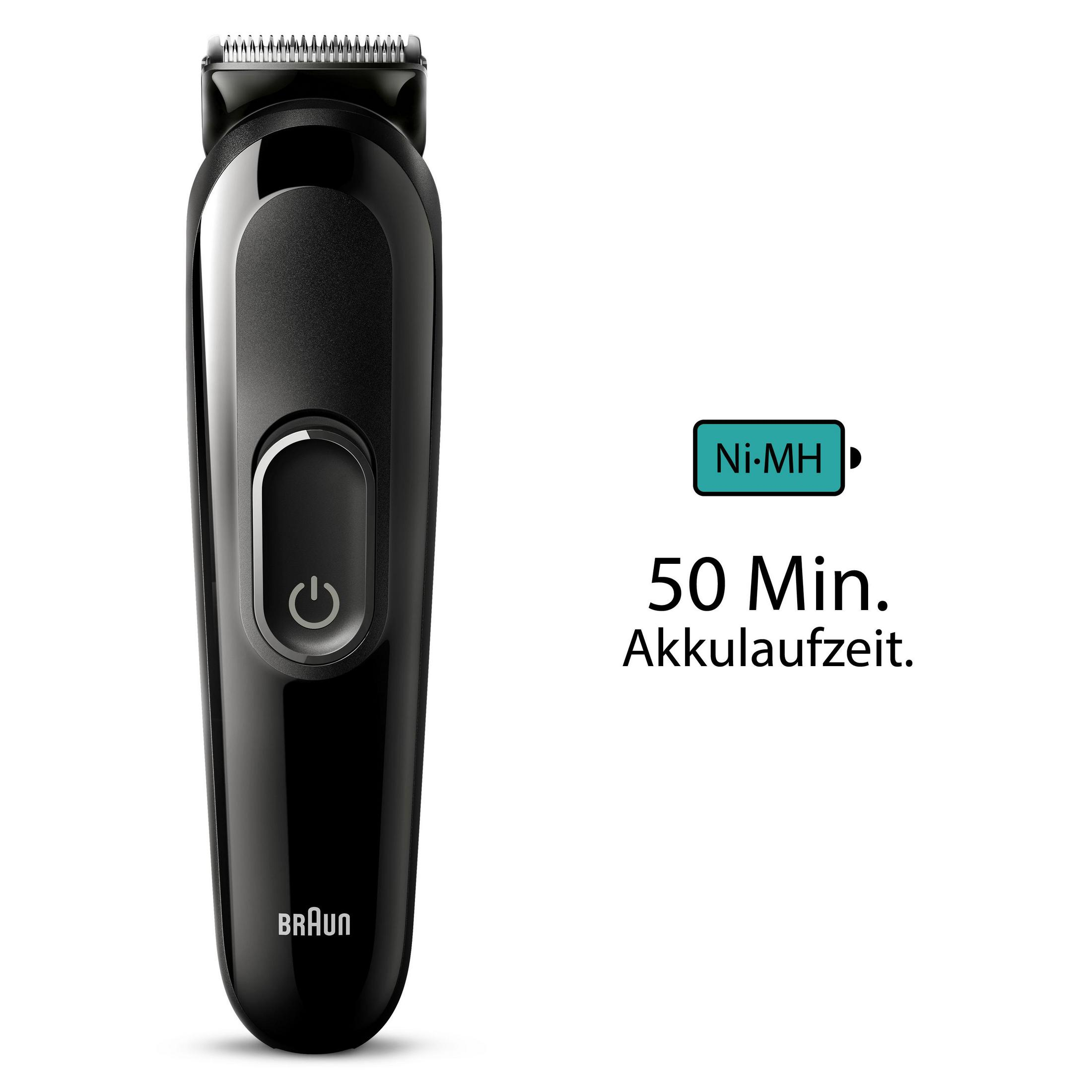Schwarzer Braun Trimmer mit Power-Taste und Ni-MH Akku-Anzeige.