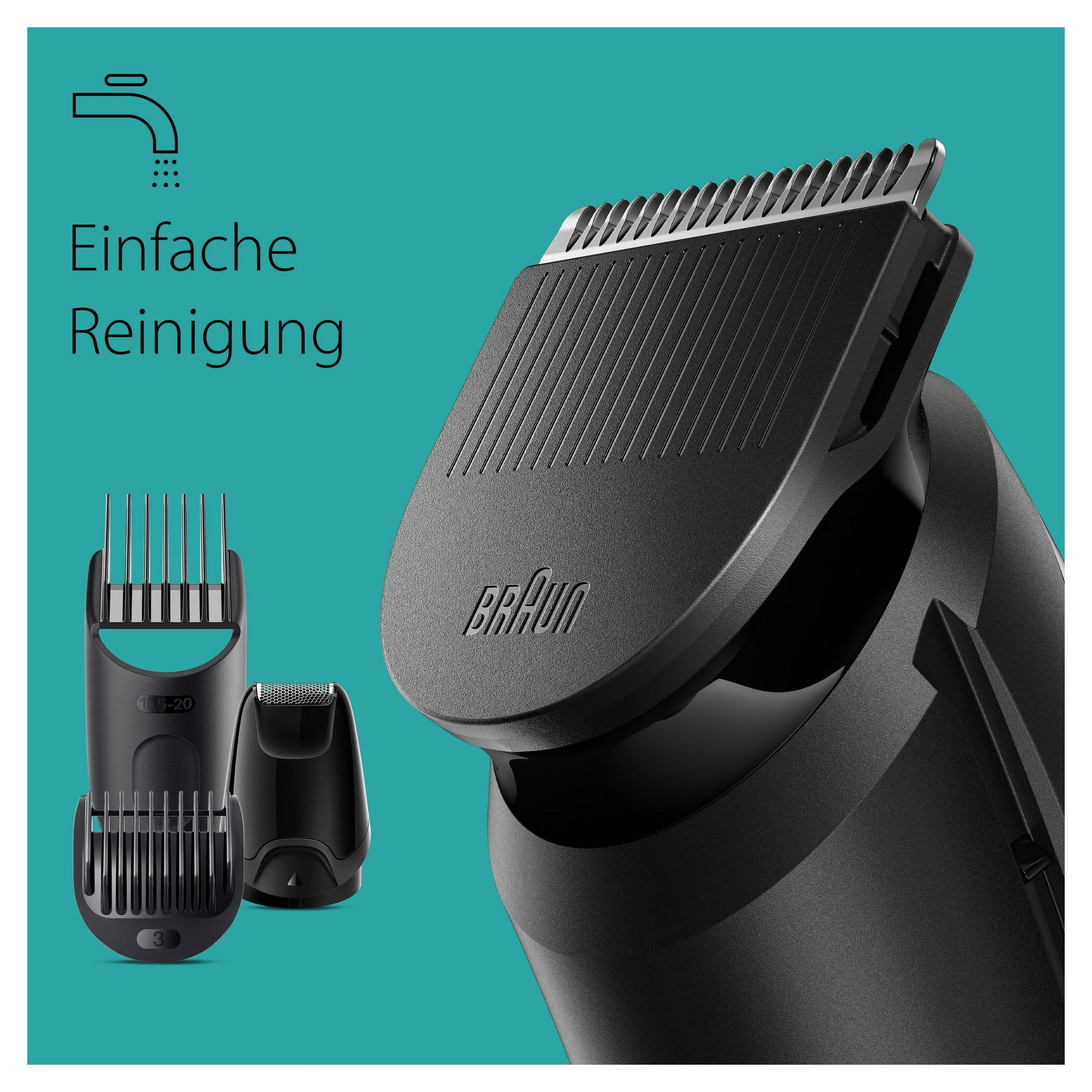 Ein schwarzer Trimmer mit Aufsätzen und Wasserhahn-Symbol.