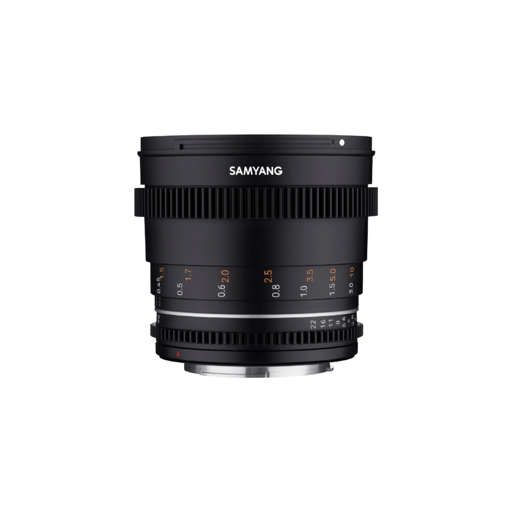 A black Samyang lens with focus and aperture scales.