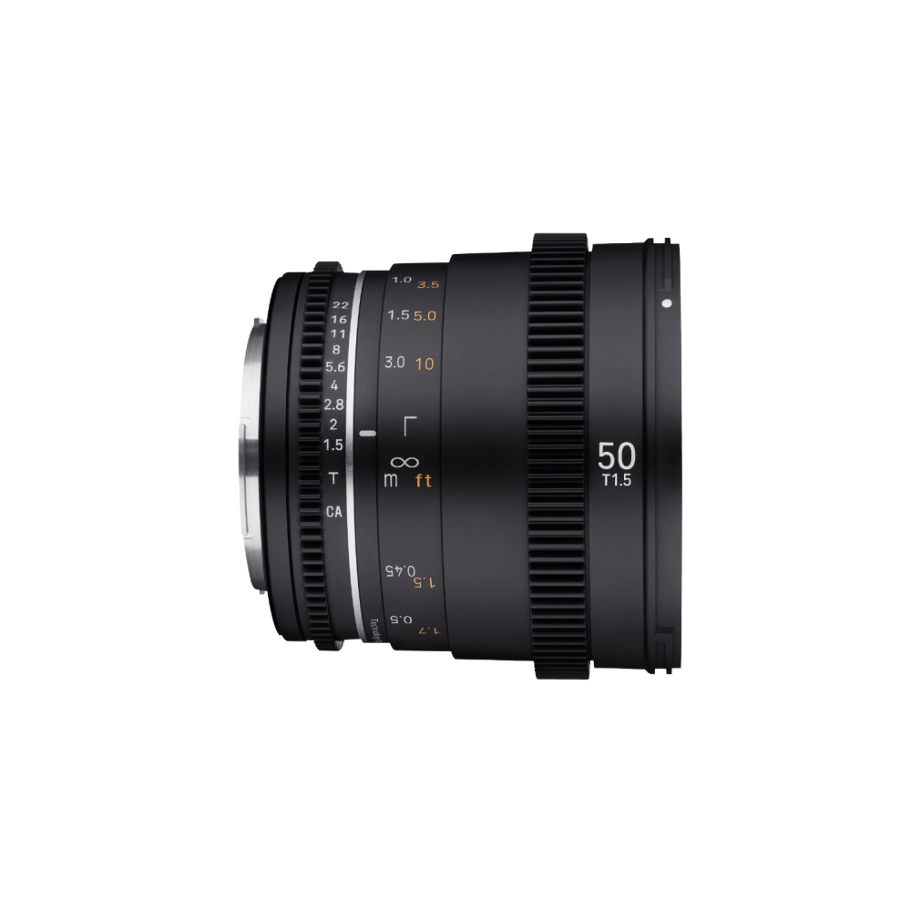 A black camera lens with focus and aperture markings.