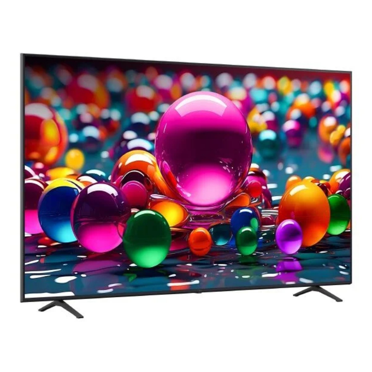 Un televisor de pantalla plana muestra una imagen abstracta y vibrante de esferas de cristal de colores.