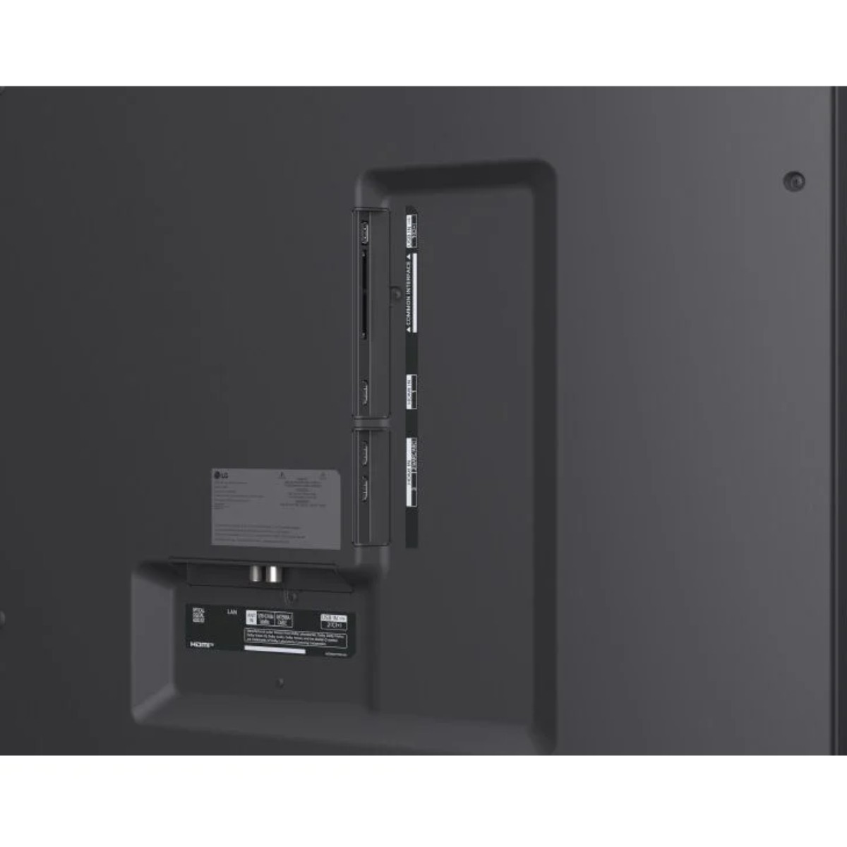Parte trasera de un televisor con conexiones como puertos HDMI y LAN.