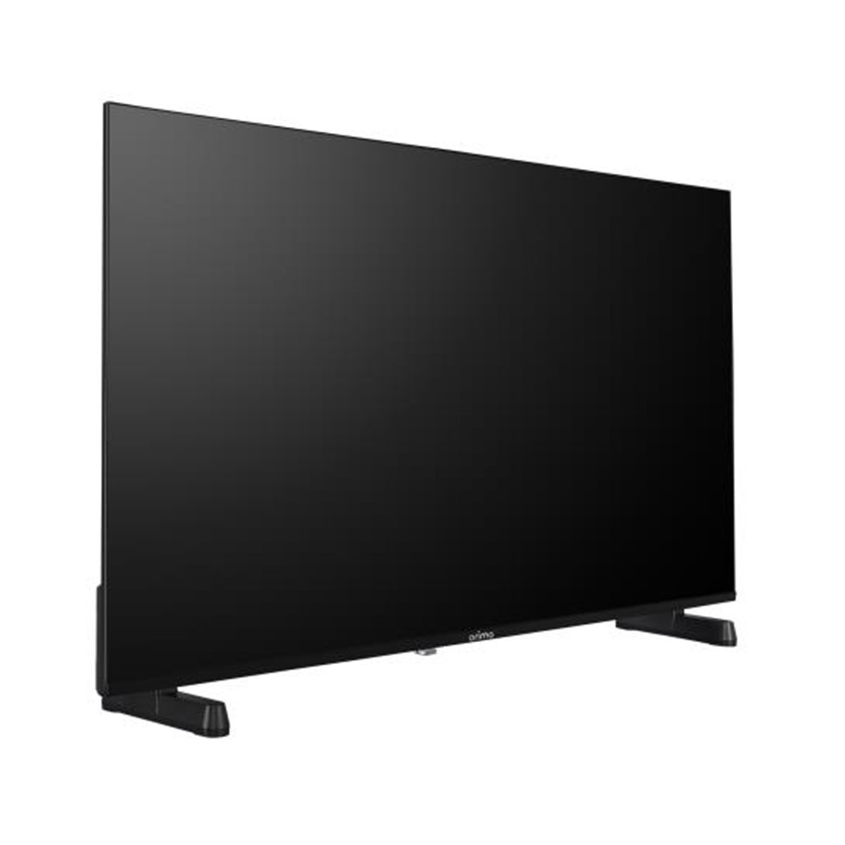 Una TV a schermo piatto nera con cornice sottile e due piedini neri su sfondo bianco.