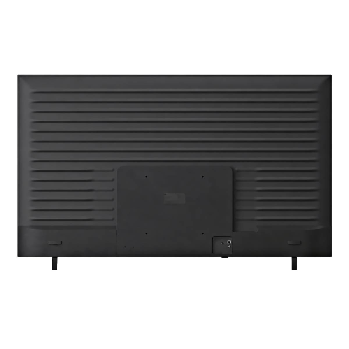 Retro di una TV nera con scanalature orizzontali e porte.