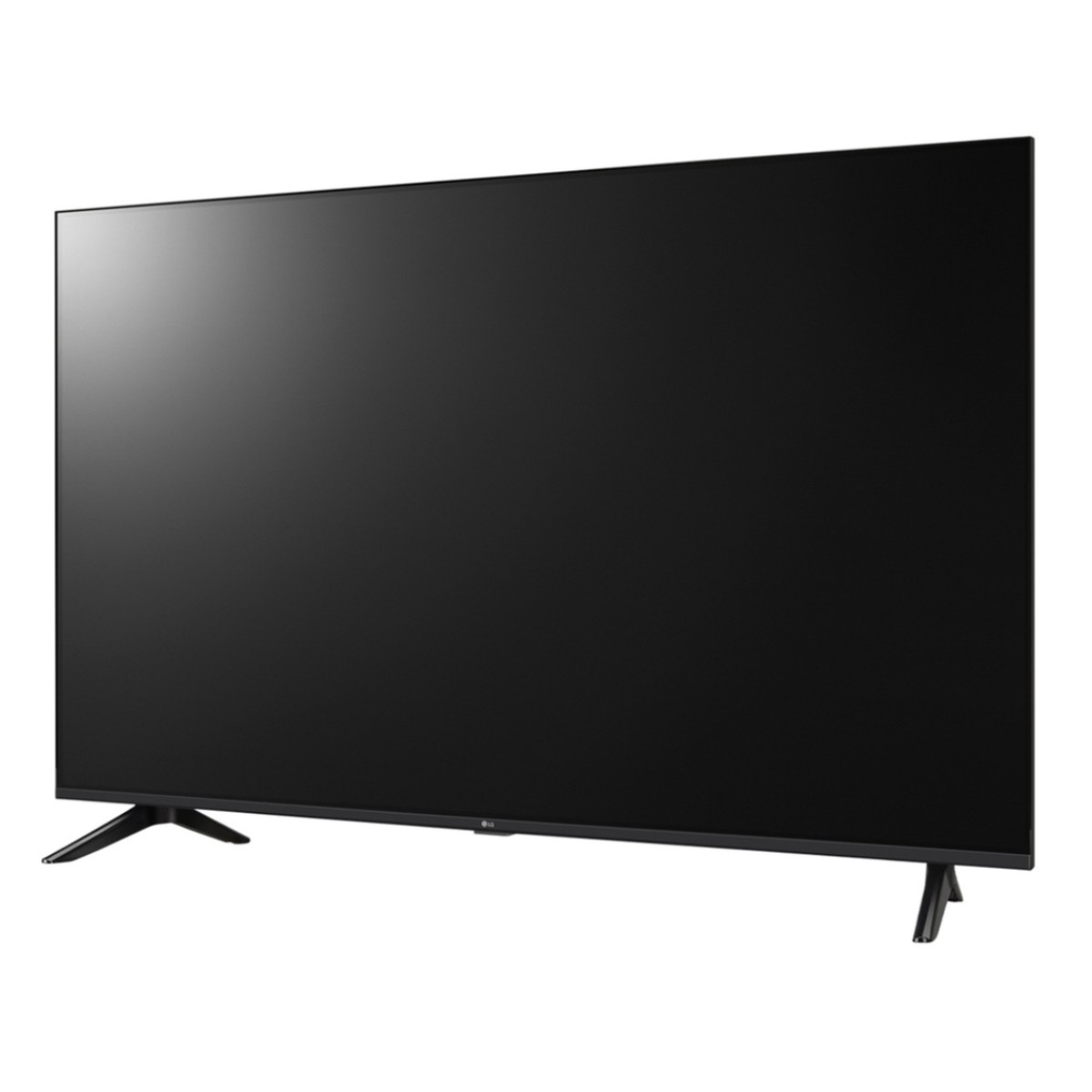 Una TV nera a schermo piatto con cornice sottile, su due piedini.