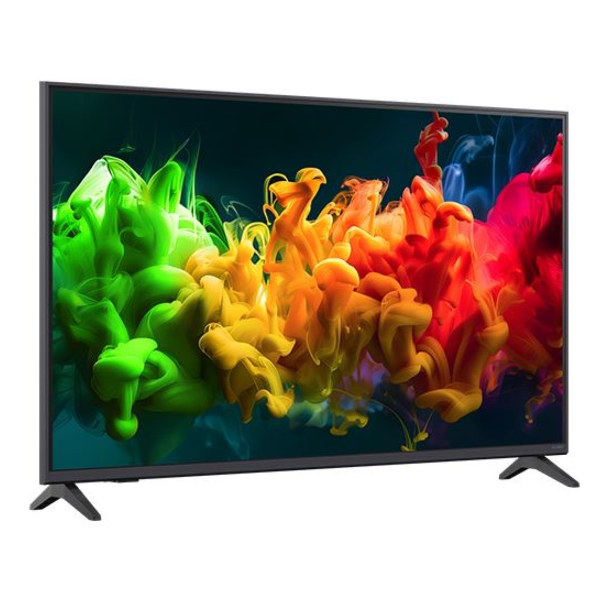 Un elegante televisor negro muestra vibrantes remolinos de tinta abstractos en verde, amarillo, naranja y rojo.