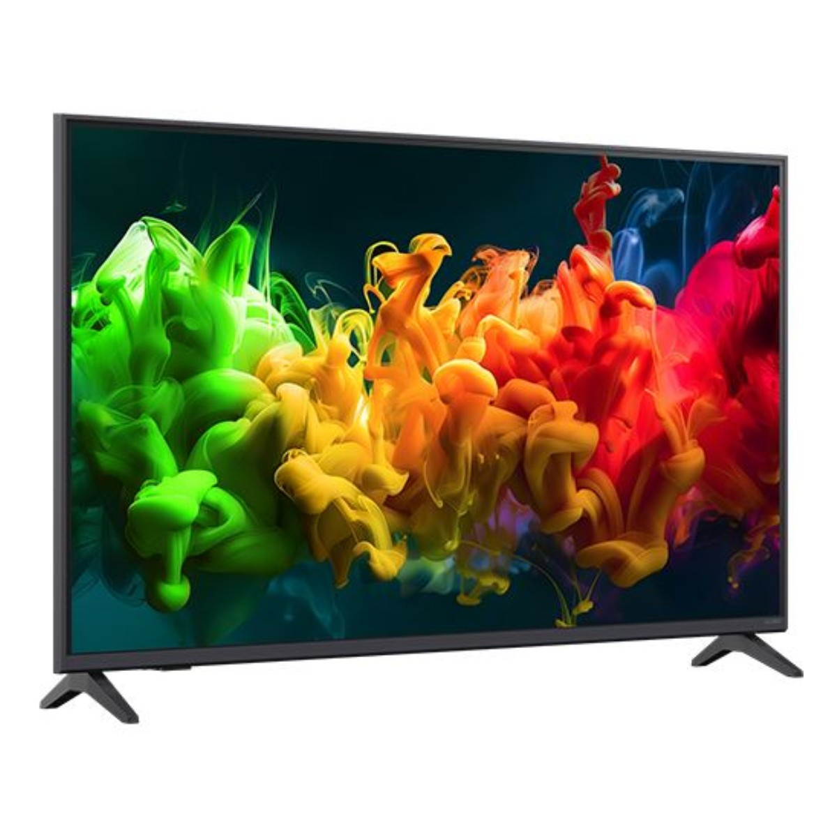 Un televisor moderno que muestra una imagen vibrante de nubes de humo verdes, amarillas y rojas.