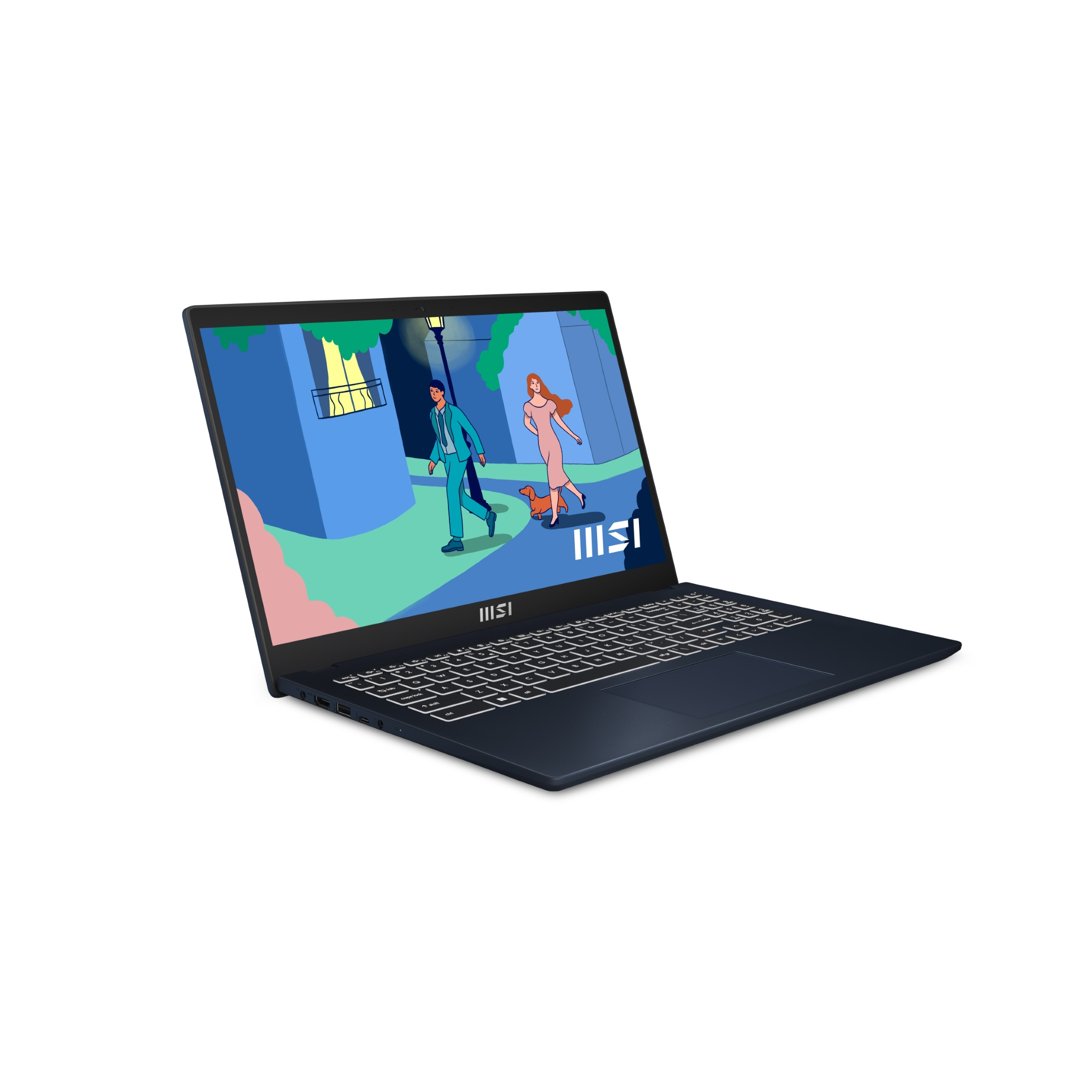 Laptop MSI blu scuro mostra illustrazione di donna, uomo e cane che camminano.