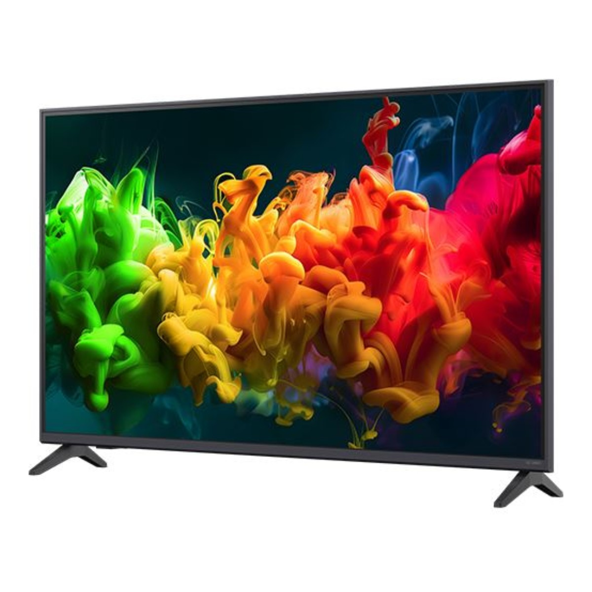 Un televisor moderno muestra remolinos de tinta verdes, amarillos y rojos vibrantes sobre fondo oscuro.