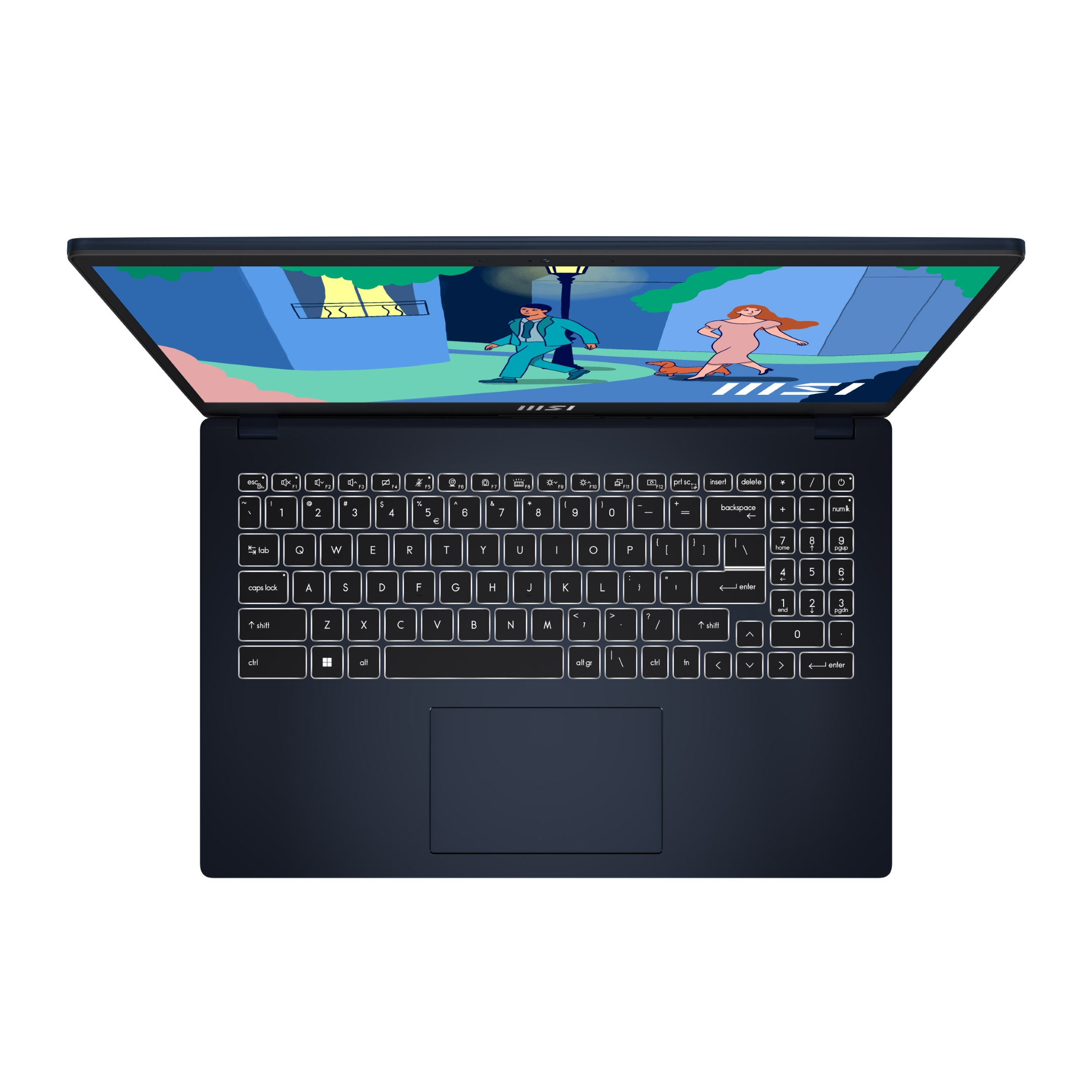 Un laptop MSI blu scuro aperto, che mostra una scena di cartone animato stilizzata.