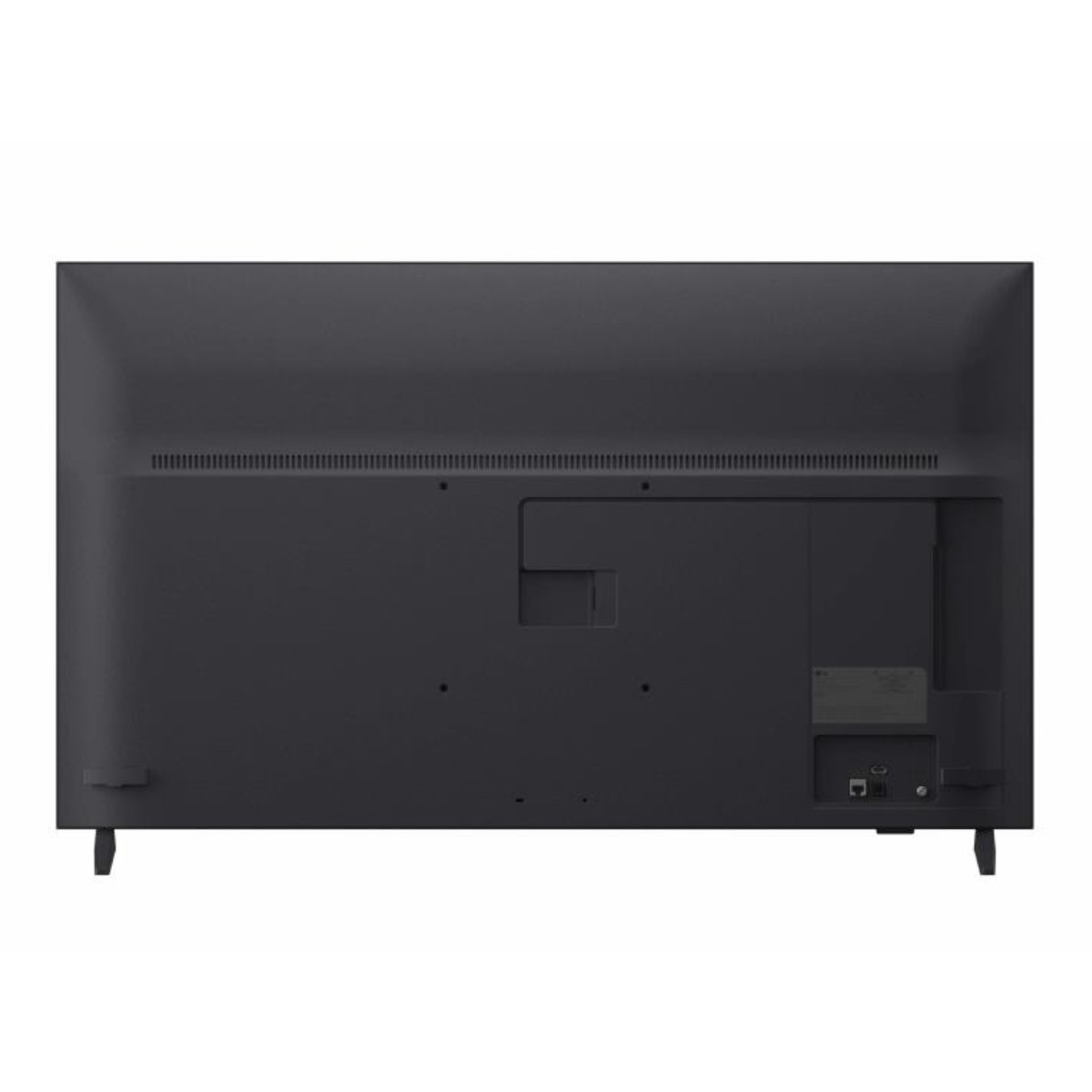 Vista trasera de un televisor negro con puertos y rejillas de ventilación.