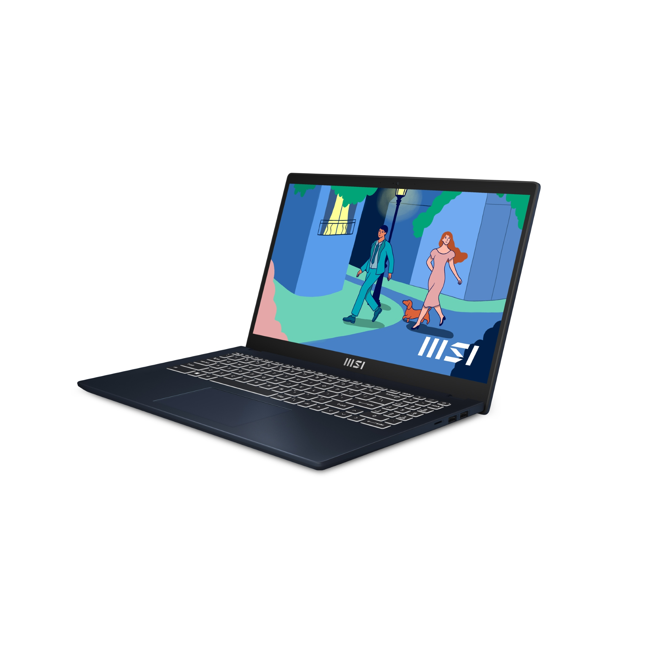 Un laptop blu scuro chiuso che mostra un'illustrazione stilizzata di una scena di strada sul suo schermo.