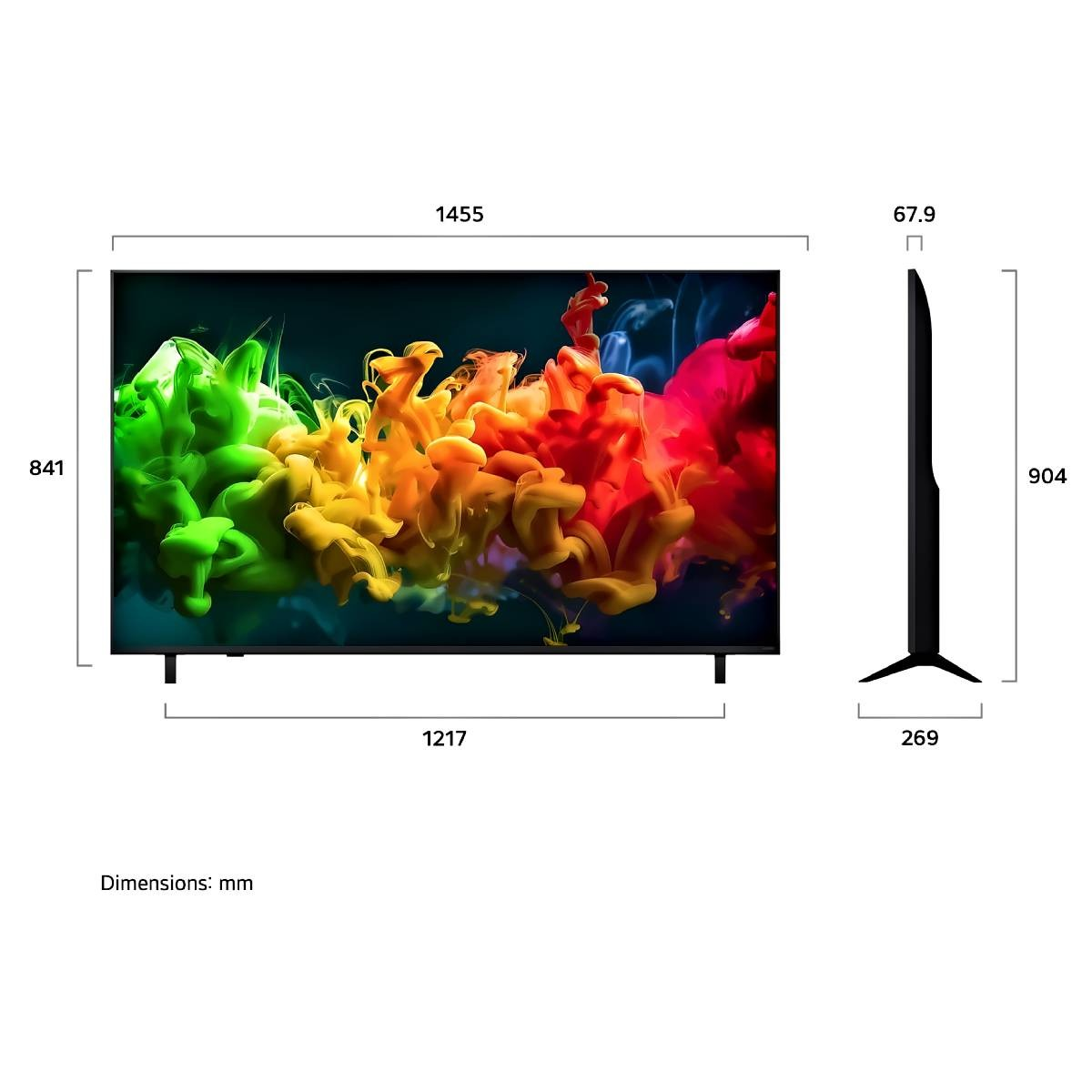 Una TV moderna con colori vibranti simili a fumo. Dimensioni indicate.