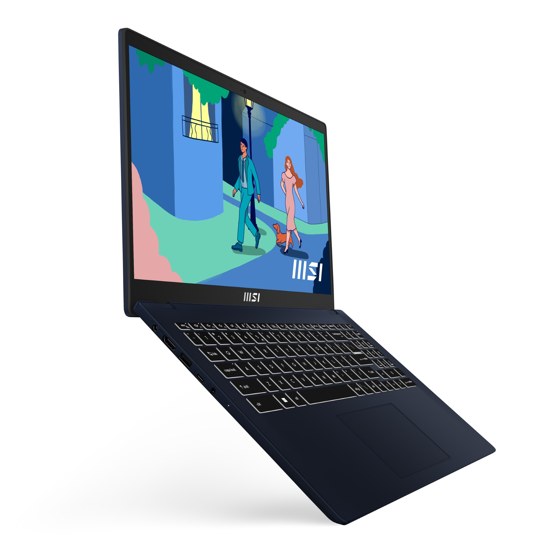 Laptop MSI blu scuro con tastiera e schermo che mostra un'illustrazione.