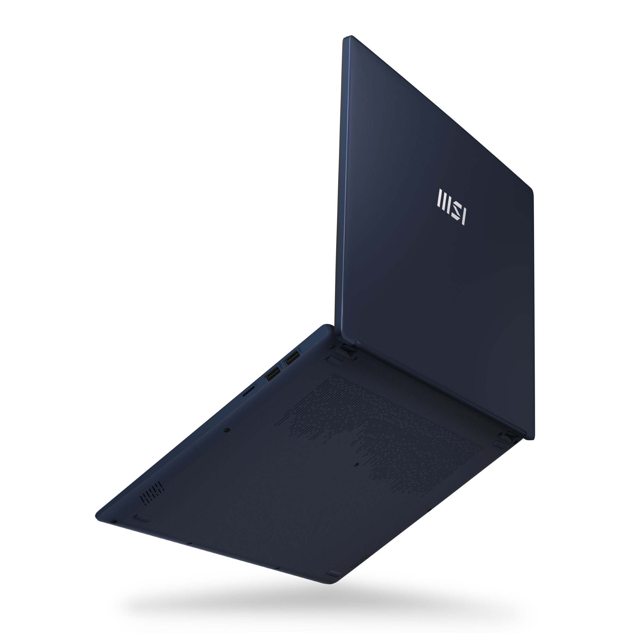 Un laptop MSI blu scuro, aperto e visto dal basso.
