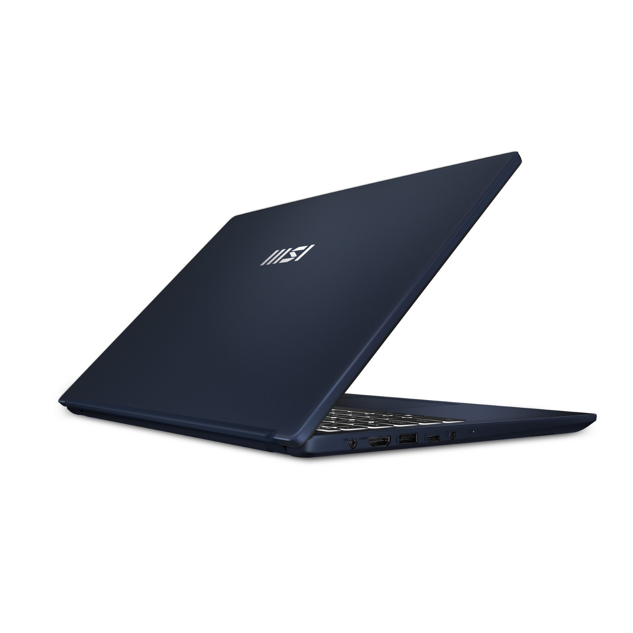 Laptop blu scuro con logo MSI argentato, aperto su sfondo bianco.